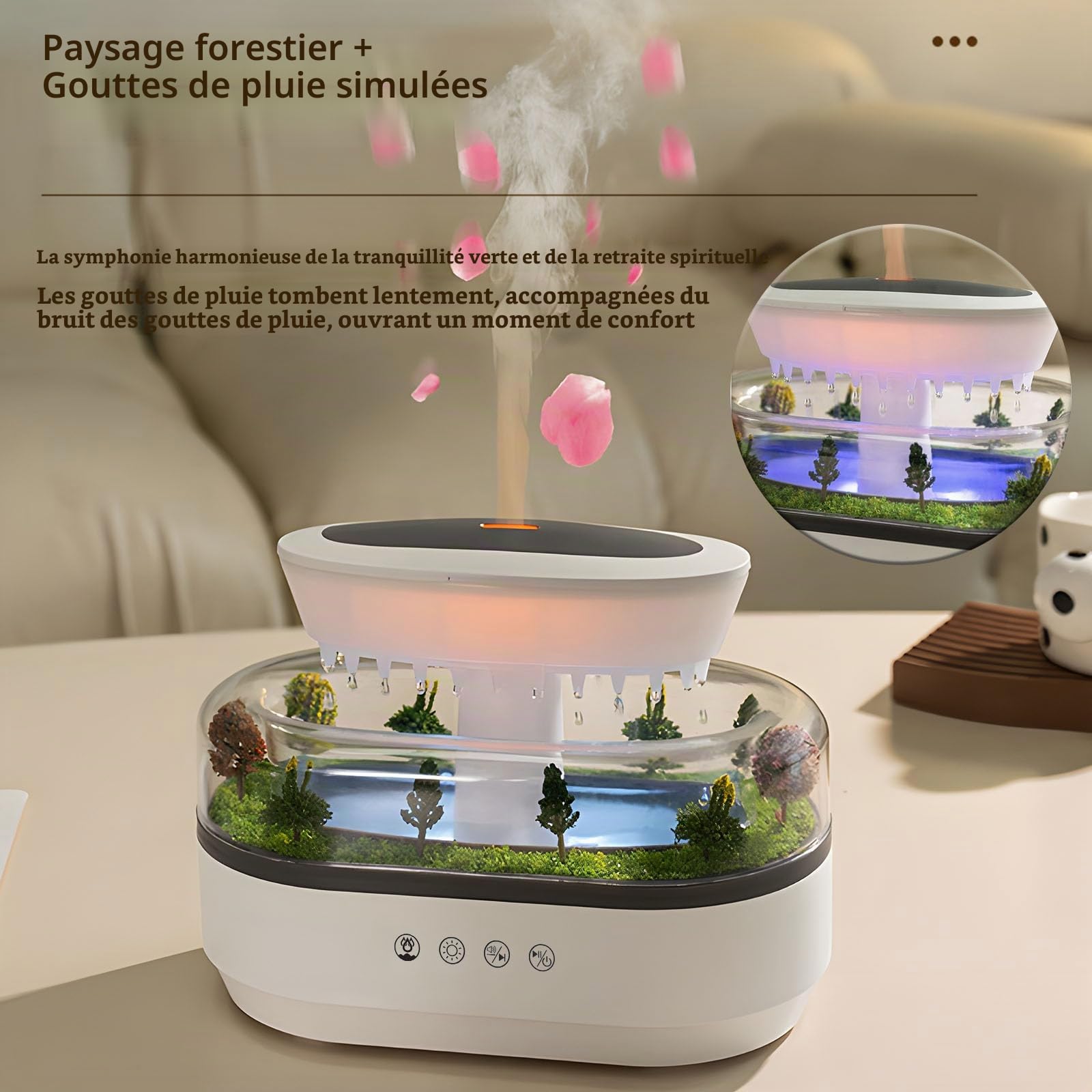 Diffuseur d'arômes avec veilleuse 7 Couleurs, humidificateur Rain Cloud 250 ML, diffuseur d'huiles essentielles avec Lampe Champignon Goutte d'eau, Bruit Blanc (Blanc)