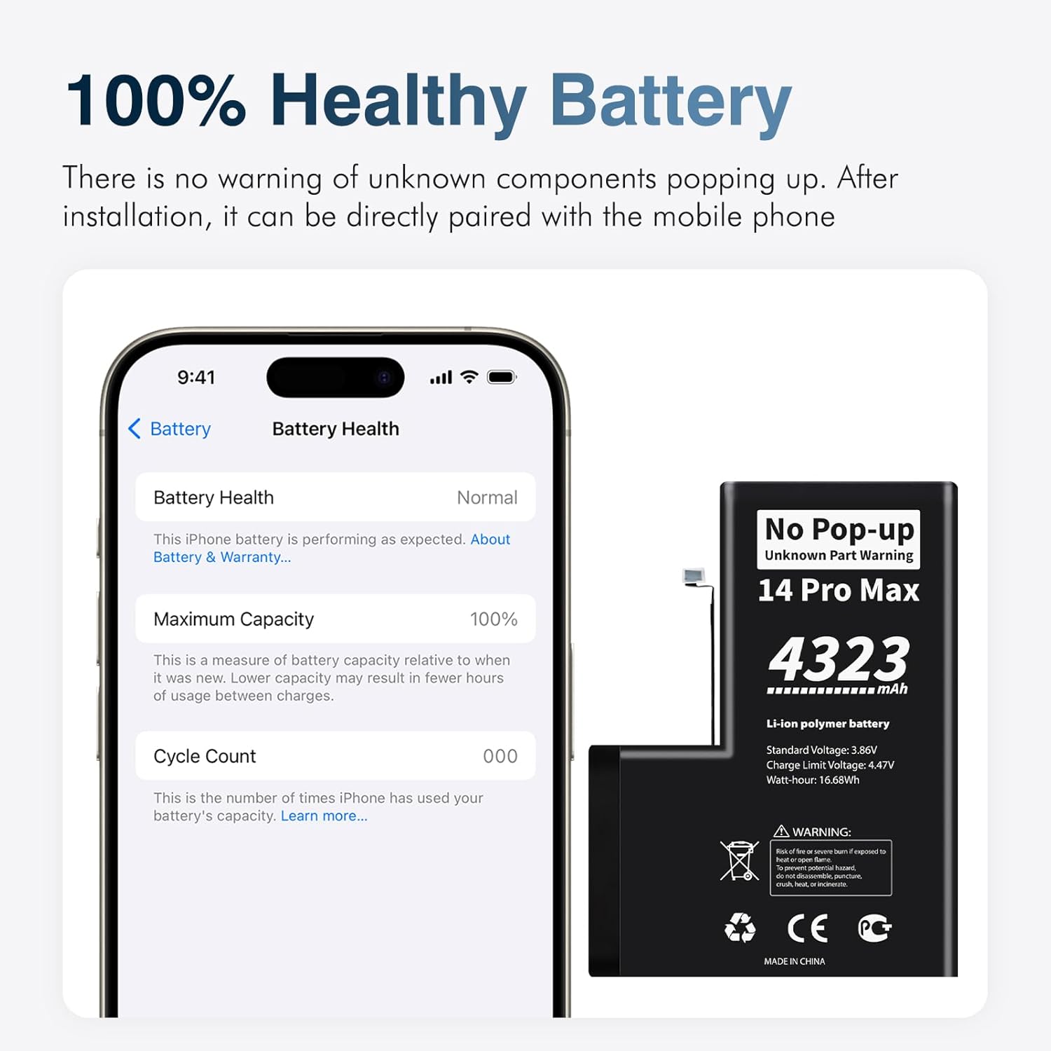No Pop-up Unknown Part Warning for iPhone 14 Pro Max Diagnostic Battery,Truthfully Rated 4323mAh Capacity Li-Polymer Rechargeable Battery Replacement for iPhone 14 Pro Max with Full Tool Kit