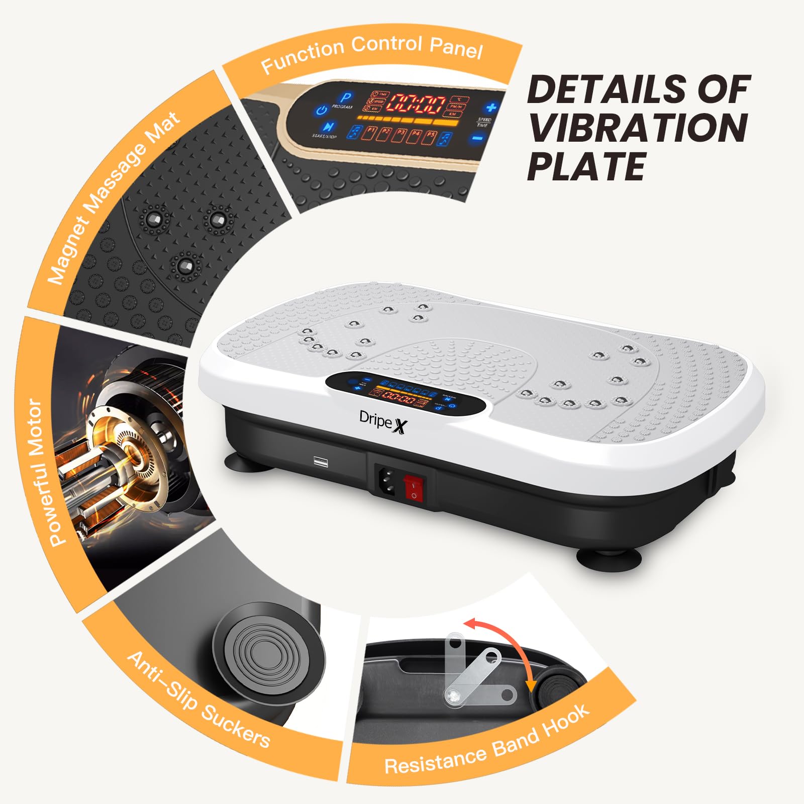 Dripex Piastra vibrante, dispositivo di allenamento 3D con 99 livelli di vibrazione, 5 programmi di allenamento, altoparlante Bluetooth, bande di allenamento
