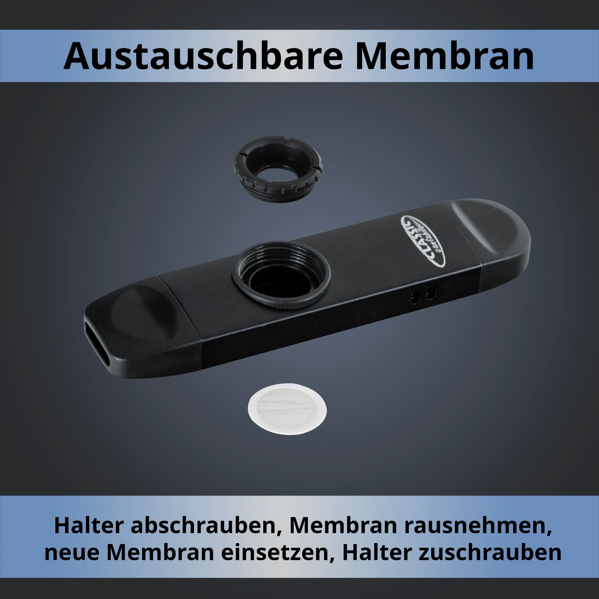 Classic Cantabile KAE1 E-Kazoo - instrument électrique en aluminium noir - avec micro, 2 embouts, réglage de membrane, 5 membranes de rechange & câble 3 m - pour scène, studio & sons créatifs