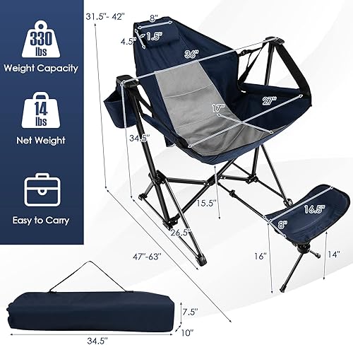 Miniatura 3 de Giantex Hamaca para exteriores, silla de campamento, mecedora con reposapiés extraíble, respaldo ajustable, almohada, soporte para tazas, bolsa de