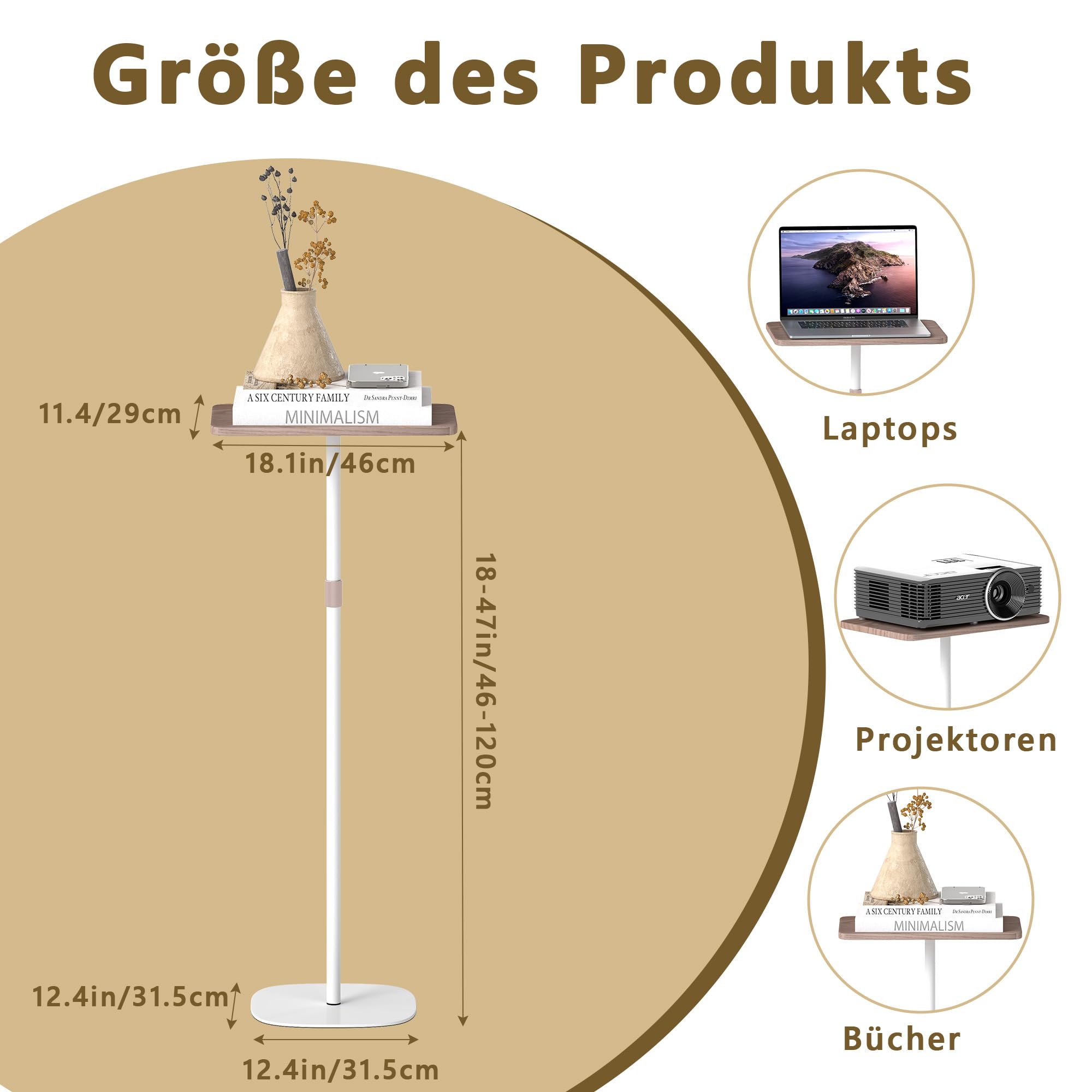 tonchean Stehpult Laptoptisch Höhenverstellbar 46–120cm Mobile Laptop-Ständer Schreibtisch Verstellbare Beistelltisch für Bett Sofa, Beweglicher Podiumstander für Büro und Schule, Weiß