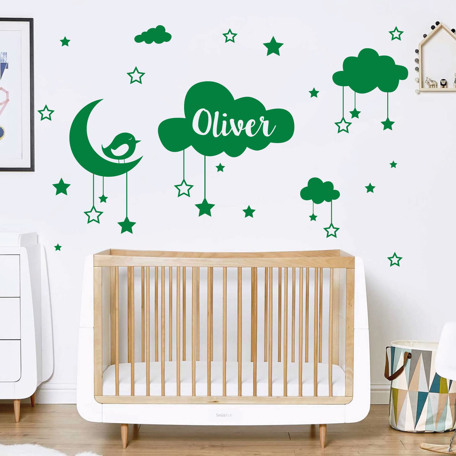 Personalised Name Baby Wall Sticker - Clouds, Stars, Moon & Bird [Large] [Meadow]