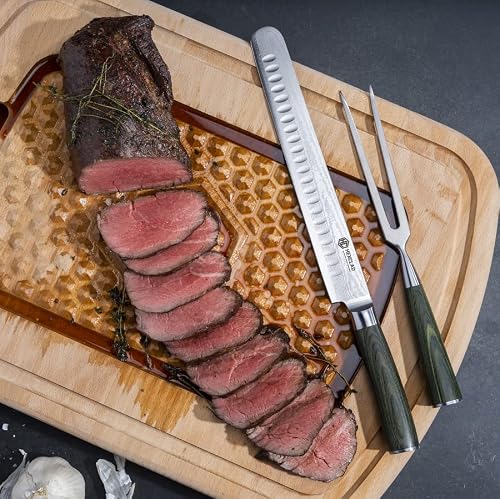 Hexclad Japanese Damascus Stainless Steel Carving Knife And Fork Set - 10-Inch Blade Forged From Damascus Stainless Steel And 2-Pronged Fork With Ergonomic Forest Green Pakkawood Handles #TOP3
