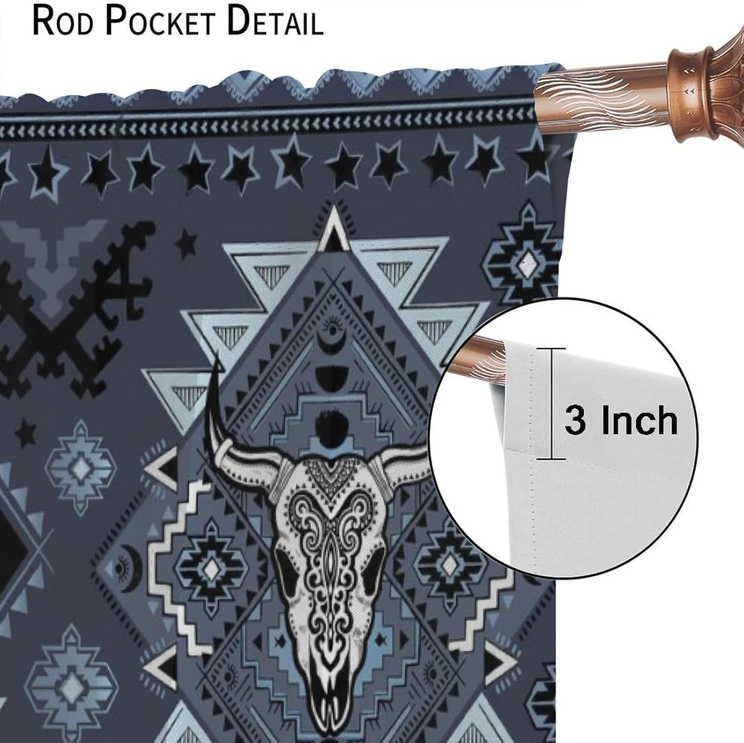 Aztec Cow Skull Blackout Window Curtains, Western Vintage Traditional Geometric Textured Boho Print Rod Pocket Window Drapes, for Living Room Bedroom 21(W)*63(L) 2 Panels