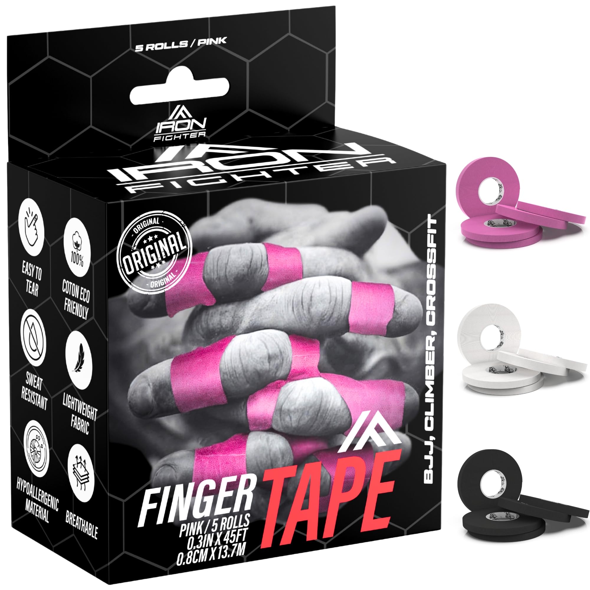 IRON FIGHTER 5X Rolls of Pink Sports Tape 0.8CM X 13.7M - Zinc Oxide for BJJ Brazilian Jiu Jitsu, Rock Climbing, Crossfit, Judo, Volleyball - Strapping