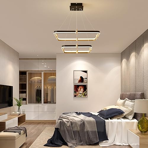 Miniatura 6 de Siittoo Lámpara de Araña Negra Moderna Luminaria para Comedor, Lámpara Colgante LED Regulable Moderna de 96W, Lámpara de Araña Rectangular de 2