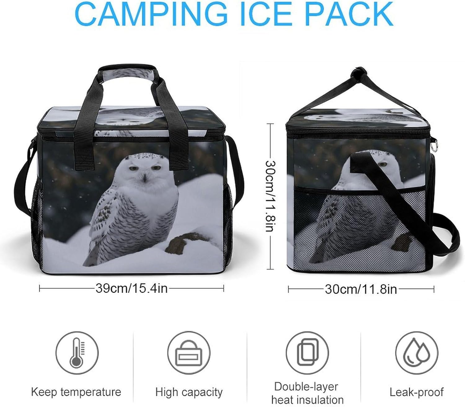 Large Capacity Oxford Cloth Snow Owl Printed Camping Ice Bag, Outdoor Portable Insulation and Cooling Bag, Suitable for Outdoor Camping and Picnics