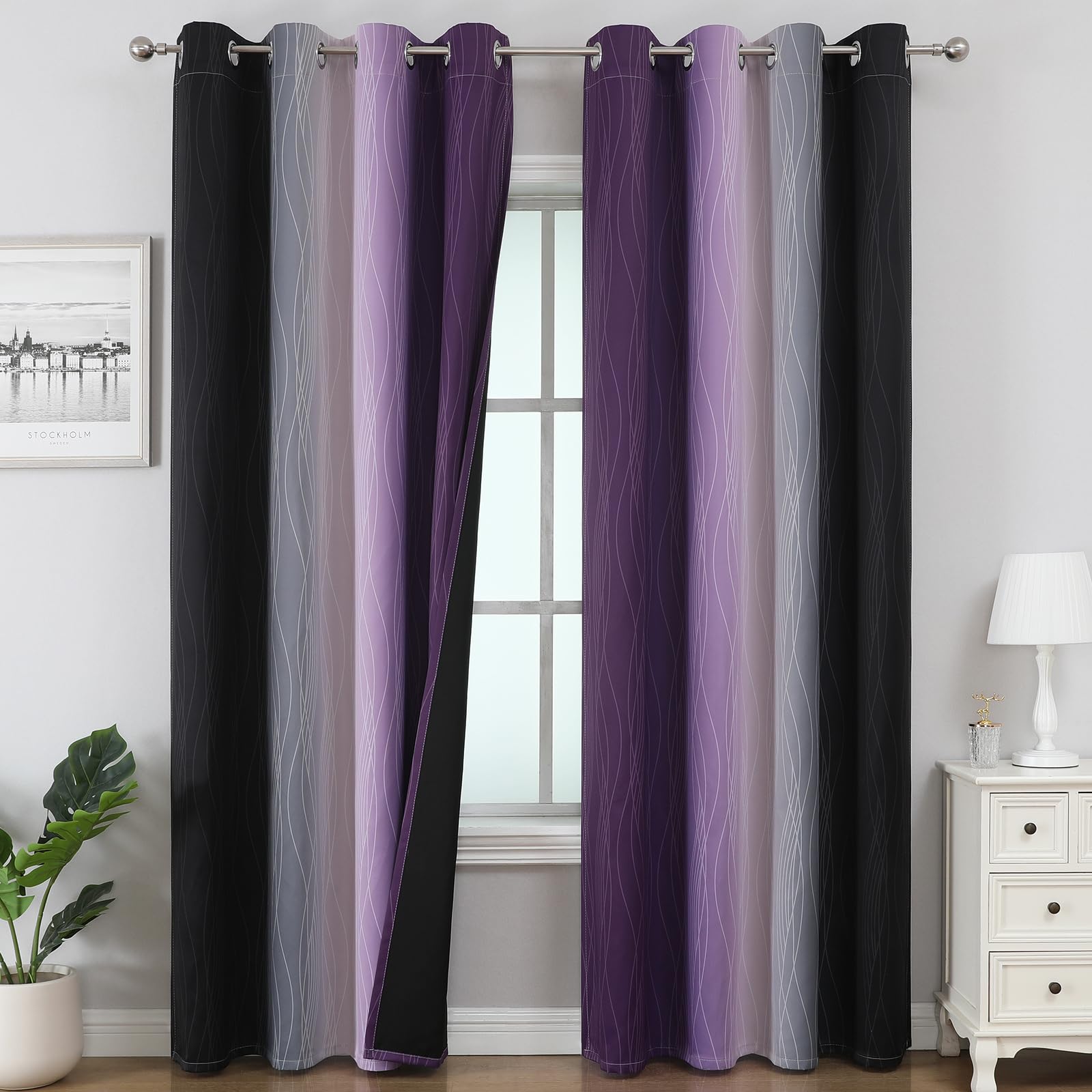 Estelar Textiler Black and Purple Ombre Blackout Curtains for Bedroom, Thermal Insulated Gradient Blackout Drapes, Full Room Darkening Energy Saving Curtains for Living Room, 52Wx96L, 2 Panels