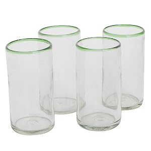 NOVICA Artisan Handblown Recycled Ecofriendly Glass Tumblers Set Four in Green Clear Guatemala Tableware Drinkware Glasses 5in H