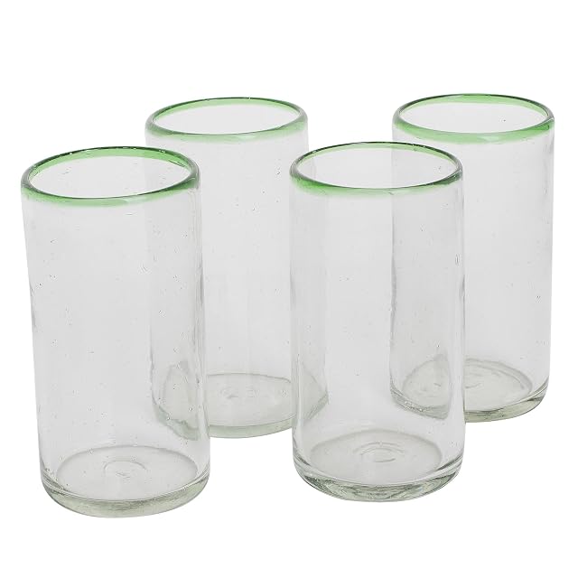 NOVICA Artisan Handblown Recycled Ecofriendly Glass Tumblers Set Four in Green Clear Guatemala Tableware Drinkware Glasses 5in H