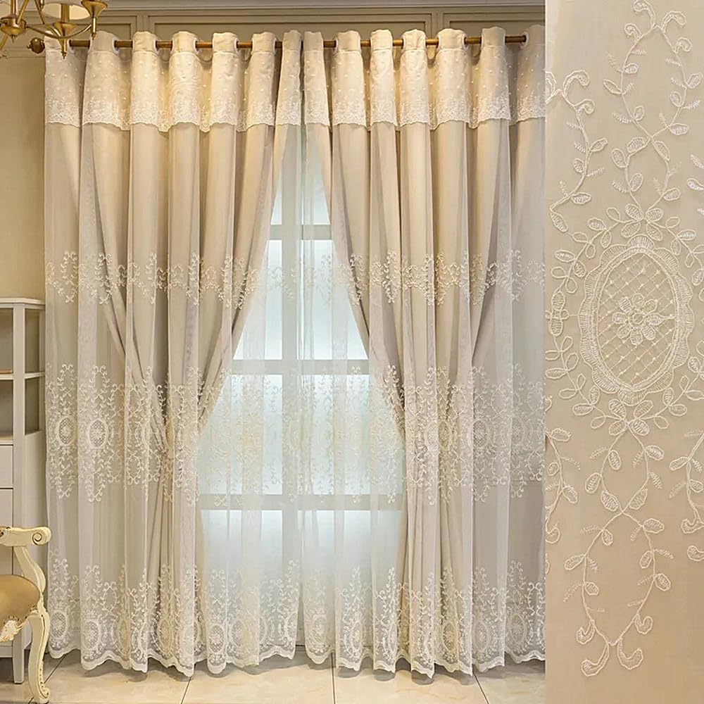 Amidoudou 1 Pair European Double Layer Curtains for Living Room Bedroom Luxury Flower Embroidered Curtains with Valance (Beige,59x96 Inch)