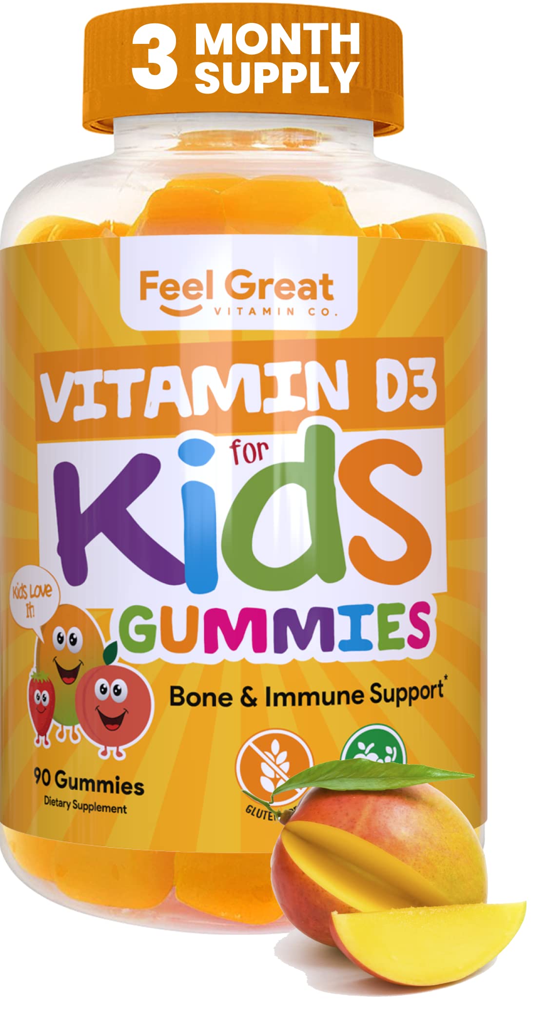 Kids Vitamin D Gummies (3 Month Supply) by Feel Great Vitamin Co | Vitamin D3 for Kids (1000 IU) | Delicious Vegetarian Ki...