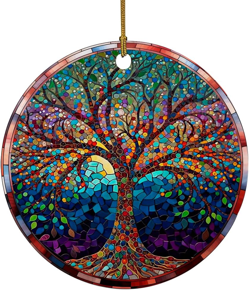 Stained Ceramic Tree of Life Ornament, Tree of Life Christmas Ornament, Xmas Decorations and Holiday Ideal Gifts, Christmas Keepsake Ornaments, Xmas Tree Decors