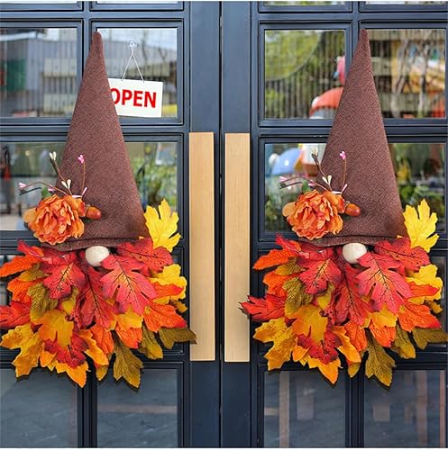 Miniatura 3 de Paquete de 2 coronas artificiales de otoño de 11.8 x 19.69 pulgadas, coronas de otoño para puerta delantera, flores de gnomo, hojas de arce, corona