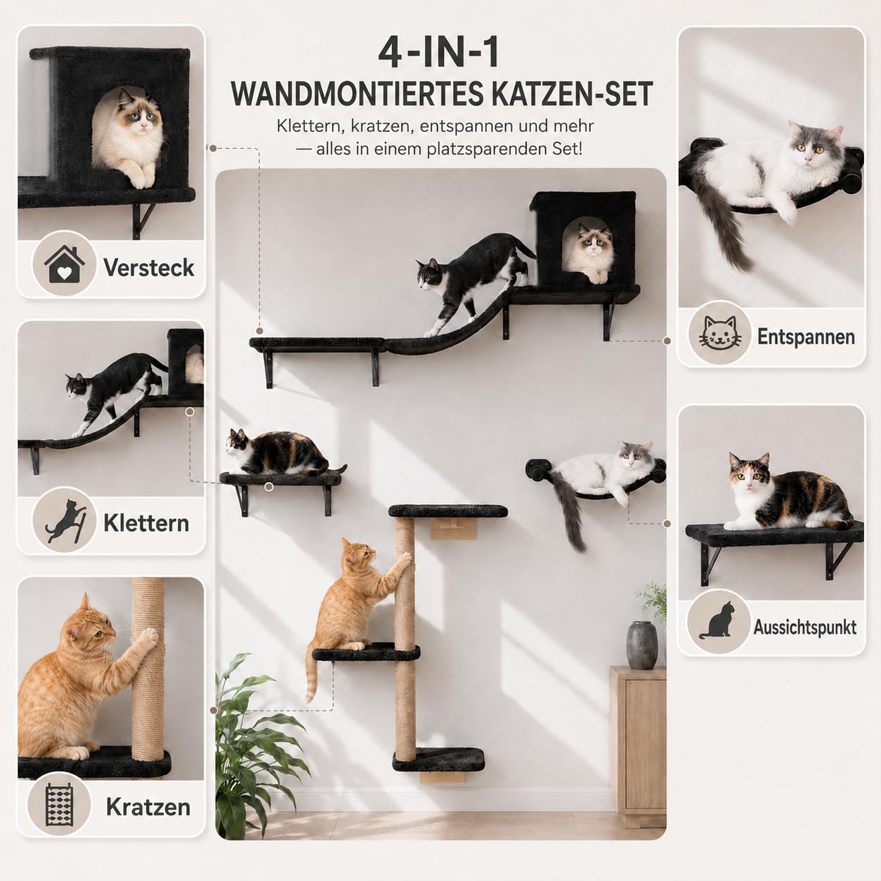 4-teiliges Katzen Wandmöbel Set, Hängematte mit Kratzsäule | Katzen Wandmöbel, mit Hängematte, Katzenbrücke, Liegefläche und Sisal Kratzsäule, stabile Wandmontage, belastbar 13,6kg