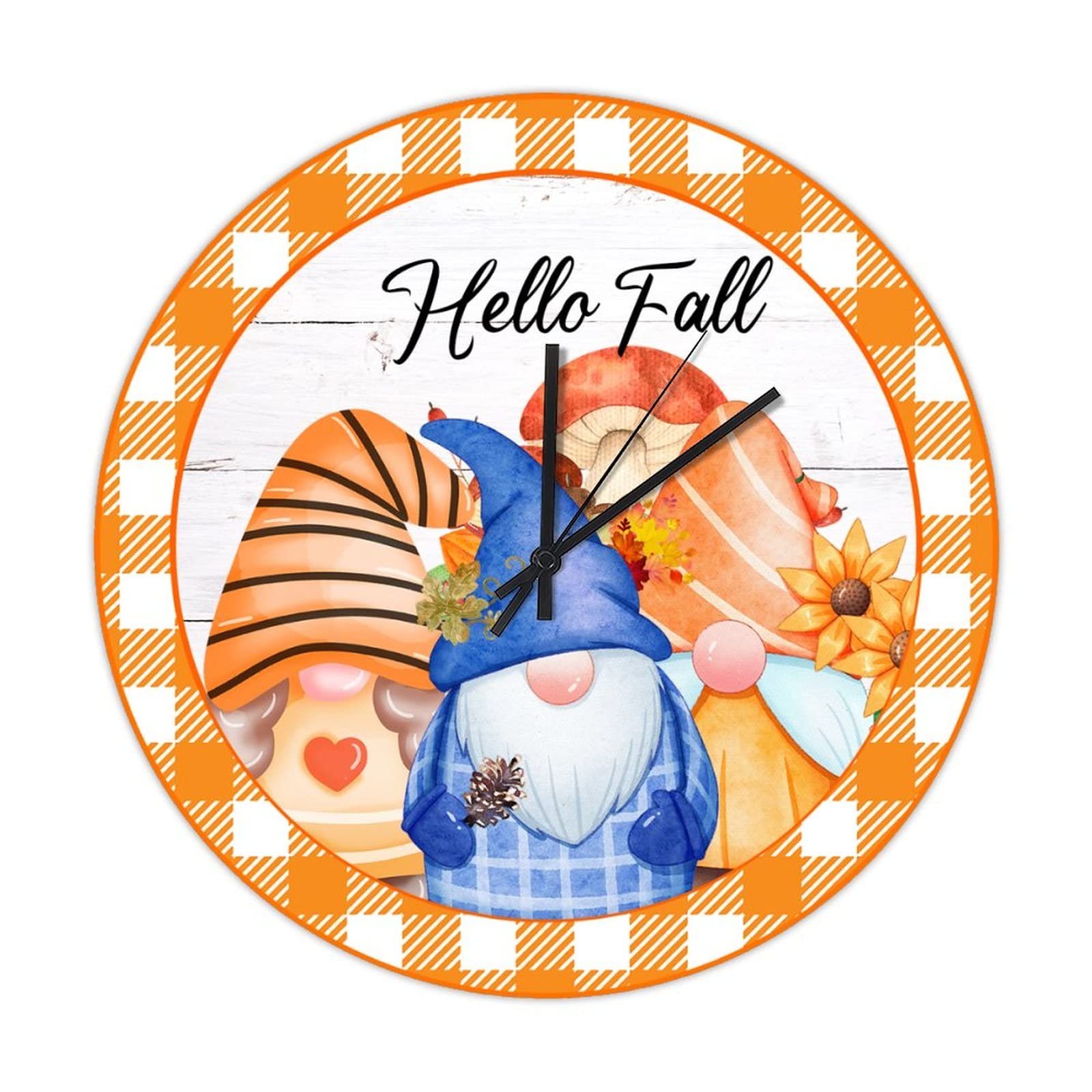 Horloge murale ronde en bois Hello Fall orange et silencieuse pour salon et cuisine