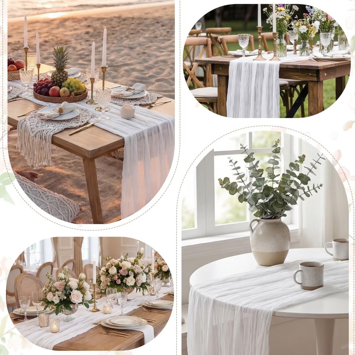 6 Pack White Cheesecloth Table Runner 35"×120" Gauze Fabric Table Runner Rustic Sheer Runner for Wedding Birthday Baby Shower Party Table Decoration White 6 Pack
