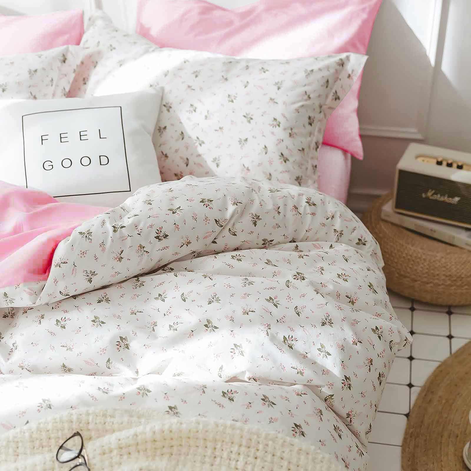 7 Pcs Full Size Comforter Set with Sheets, Pink White Floral Pattern Printed Preppy Decor Reversible Bed Sets - 80 x 90 Soft Microfiber Flower Duvet Cottage Vintage Bedding in a Bag for Women Men