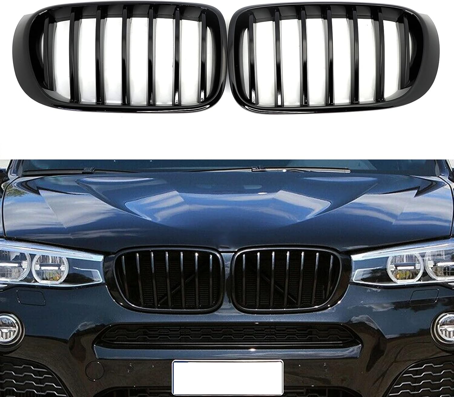 F25 Grill F26 Grille,ABS Gloss Black Grille Compatible for 2014-2017 X3 F25, 2014-2018 X4 F26,(2pc set Gloss Black Single Slat)