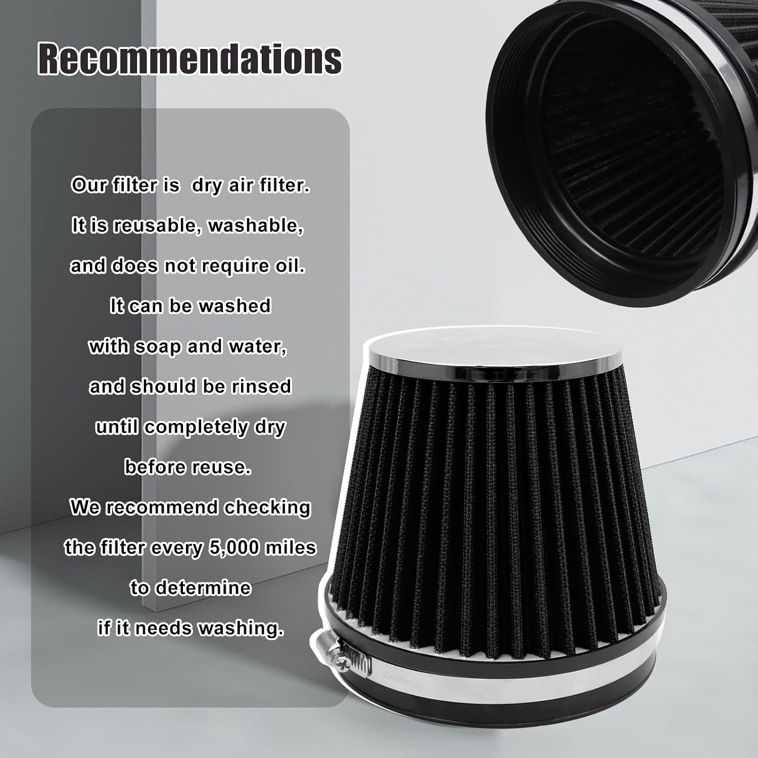 RYANSTAR 152mm 6" High Flow Round Tapered Cone Closed-Top Washable Clamp-On Dry Air Filter short 155mm tall Black