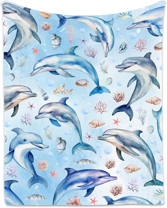 Dolphin Blanket for Girls Boys, Cute Soft Gifts for Ocean Lovers, Cozy Flannel Throw for Bed Travel, 50"x60"