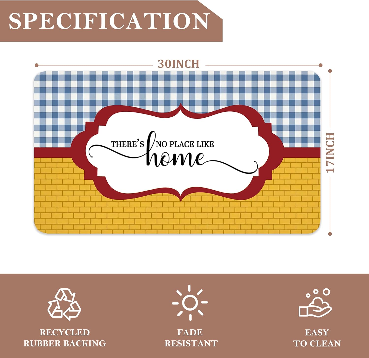 There’s No Place Like Home Door Mat, Rustic Farmhouse Entrance Rug for Indoor Outdoor Front Porch, Country Gingham Brick Decorative Doormat for Front Door Entryway, 17x30 Inch