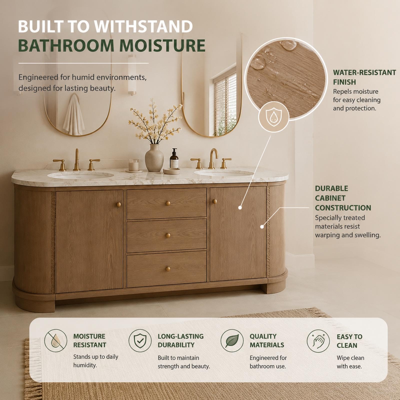 Meuble de salle de bain autoportant à double lavabo de 152,4 cm | Dessus en marbre moderne | Design incurvé | Grand espace de rangement | Bois imperméable | Finition personnalisable de luxe | Mise à