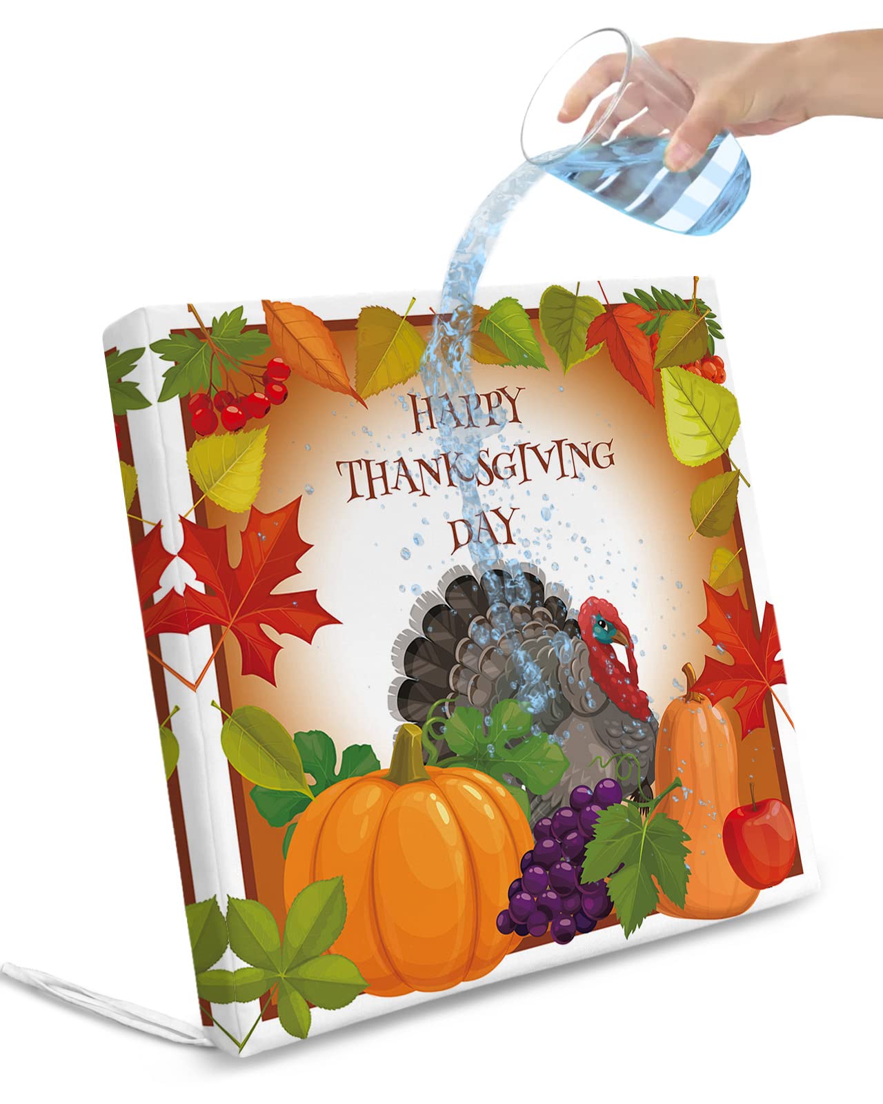 Outdoor Chair Seat Covers, Farm Thanksgiving Turkey with Pumpkins Waterproof Cushion Cover Sectional Autumn Leaves Furniture Protector Slipcovers for Dining Room Party Event Chairs 2 Pack 22x20In