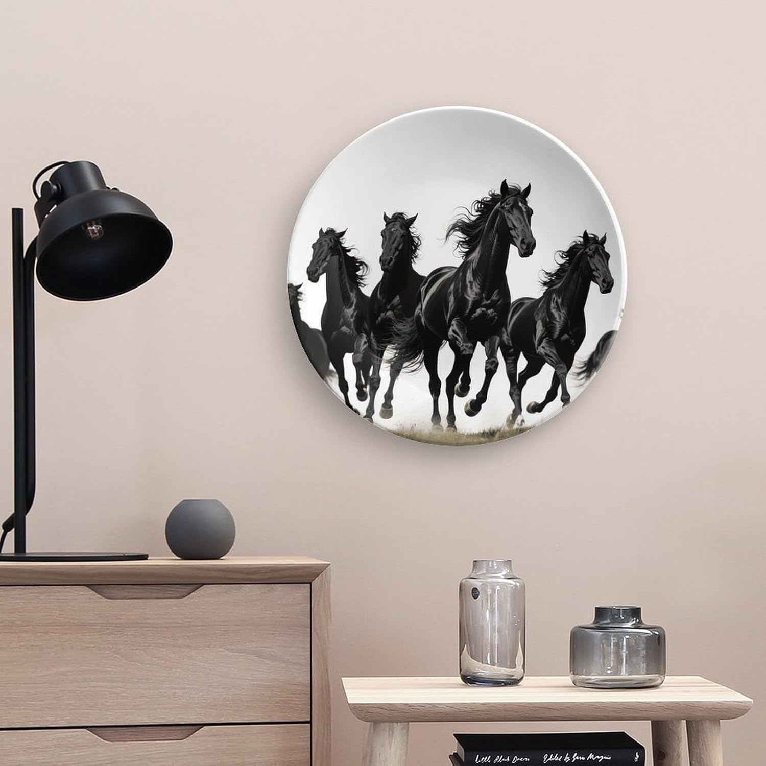 Horse Black Decorative Plates Ceramic Decorative Plates for Display Bohemian Style Dinner Plate with Display Stand China Plate for Home Decoration 10inch