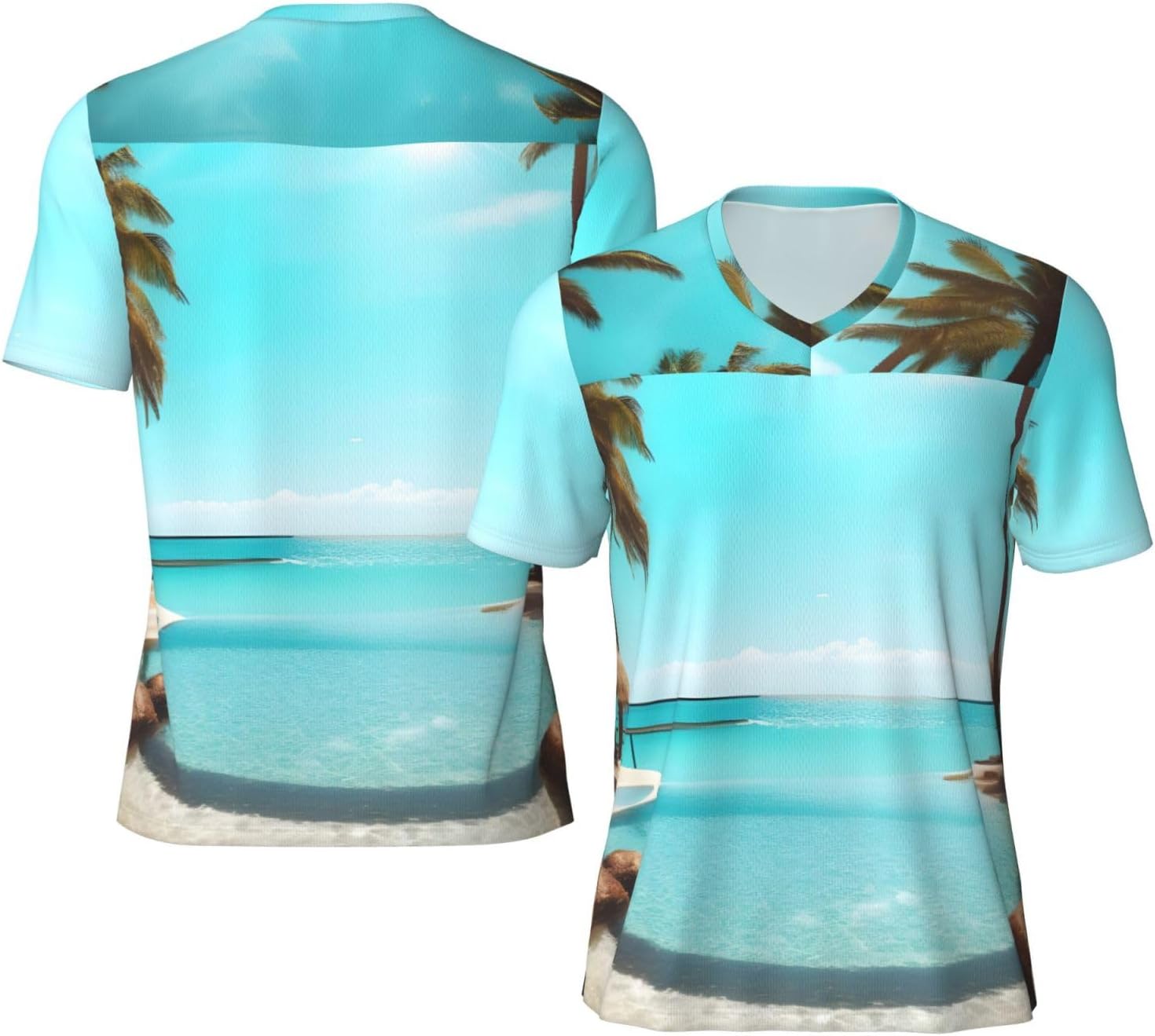 Palm Trees and Clear Sea Rugby Football Jersey for Men, Comfortable V-Neck Loose Fit Top for Team Sports Athletics