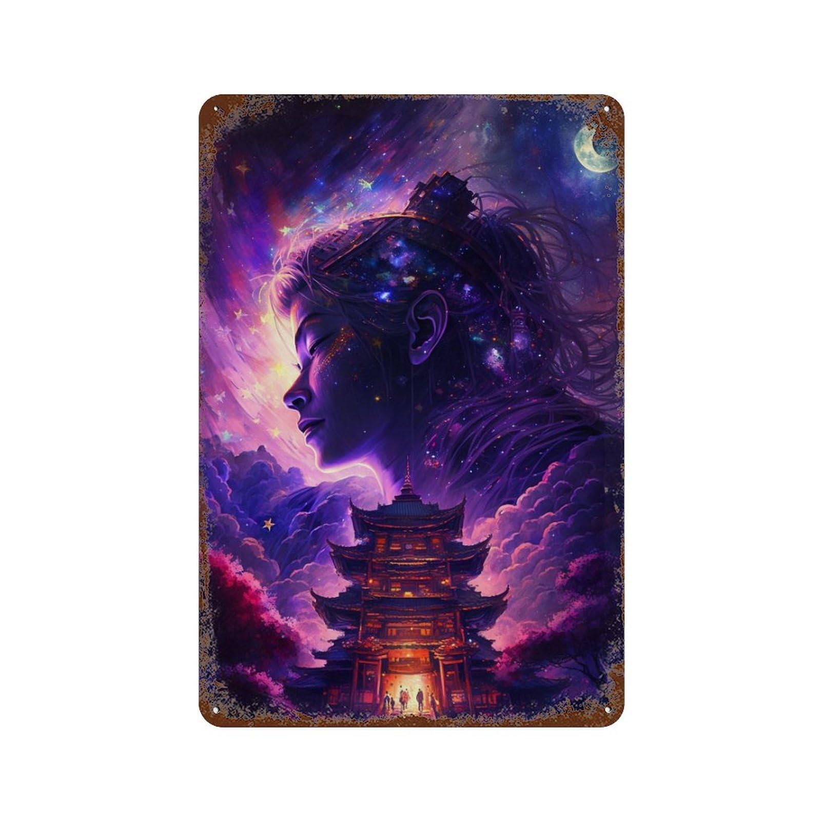 Garage Style Fantasy Asian Temple Night Sky Aged Metal Wall Plaque 11.8"x7.9", Industrial Home Decor for Bar And Workshop