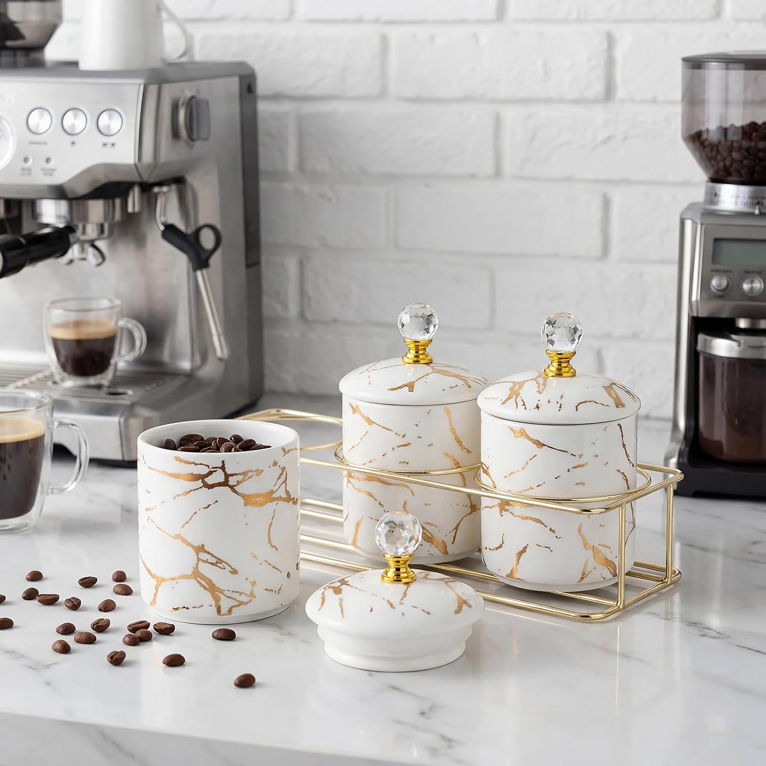 3 Pcs Ceramic Coffee Accessories Set for Sugar, Coffee and Tea Ceramic Seasoning Jar with Lid Metal Base Marble Pattern Storage Jars Kitchen Condiment Container Spice Canisters Bar Supplies