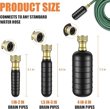 3 Pcs Drain Bladder Kit, Drain Cleaning Bladder Fits 1 to 6 Pipes, with 10 ft Retractable Hose, Shut-Off Valve & Brass Faucet Adapter Fits Most Faucets For Sinks, Showers, Pools & Drains (Black)