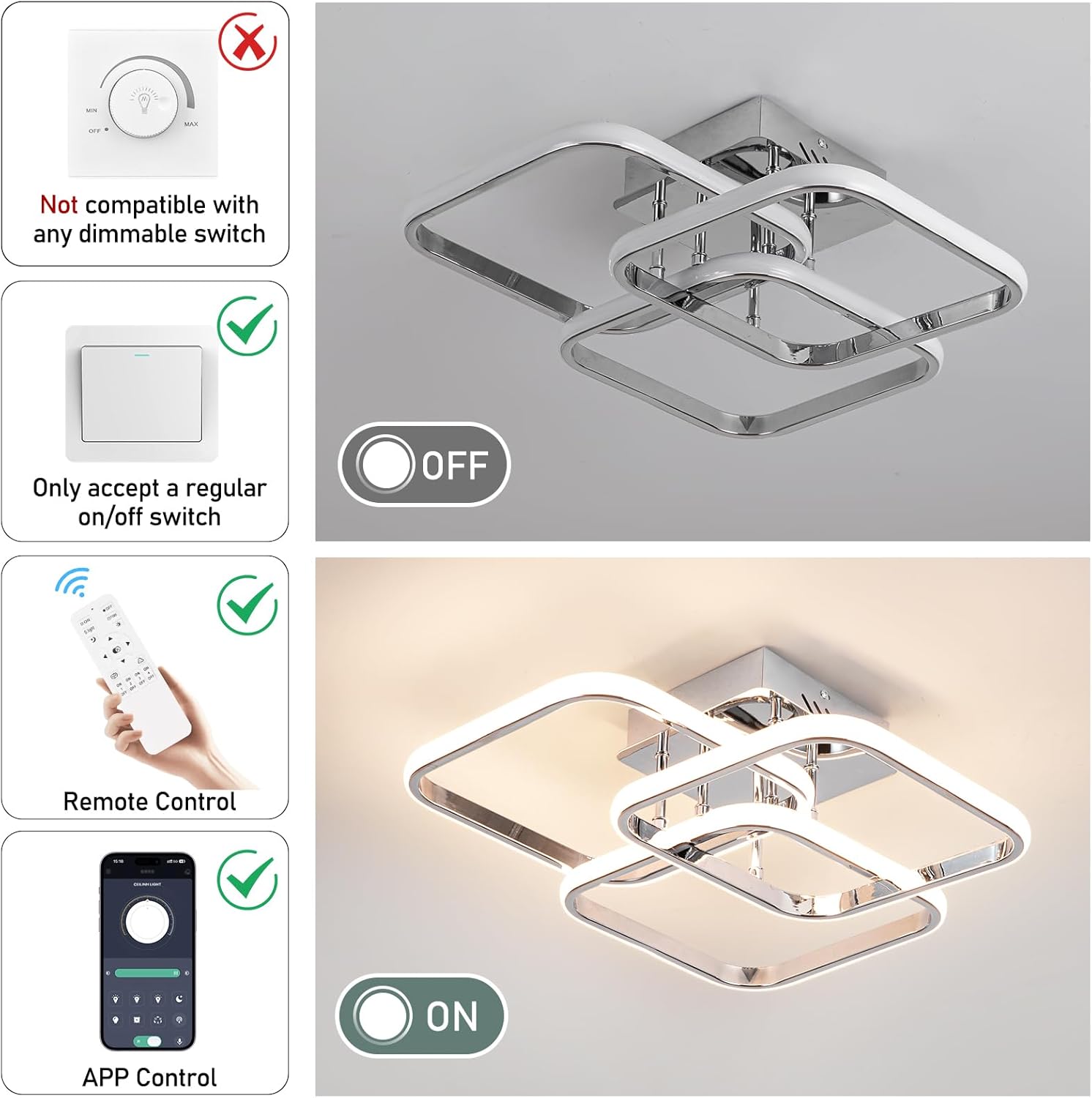 Modern Ceiling Light,Dimmable LED Ceiling Light Fixtures with Remote Control,Square Flush Mount Ceiling Lamp for Living Room Dining Room Bedroom Kitchen (Chrome)