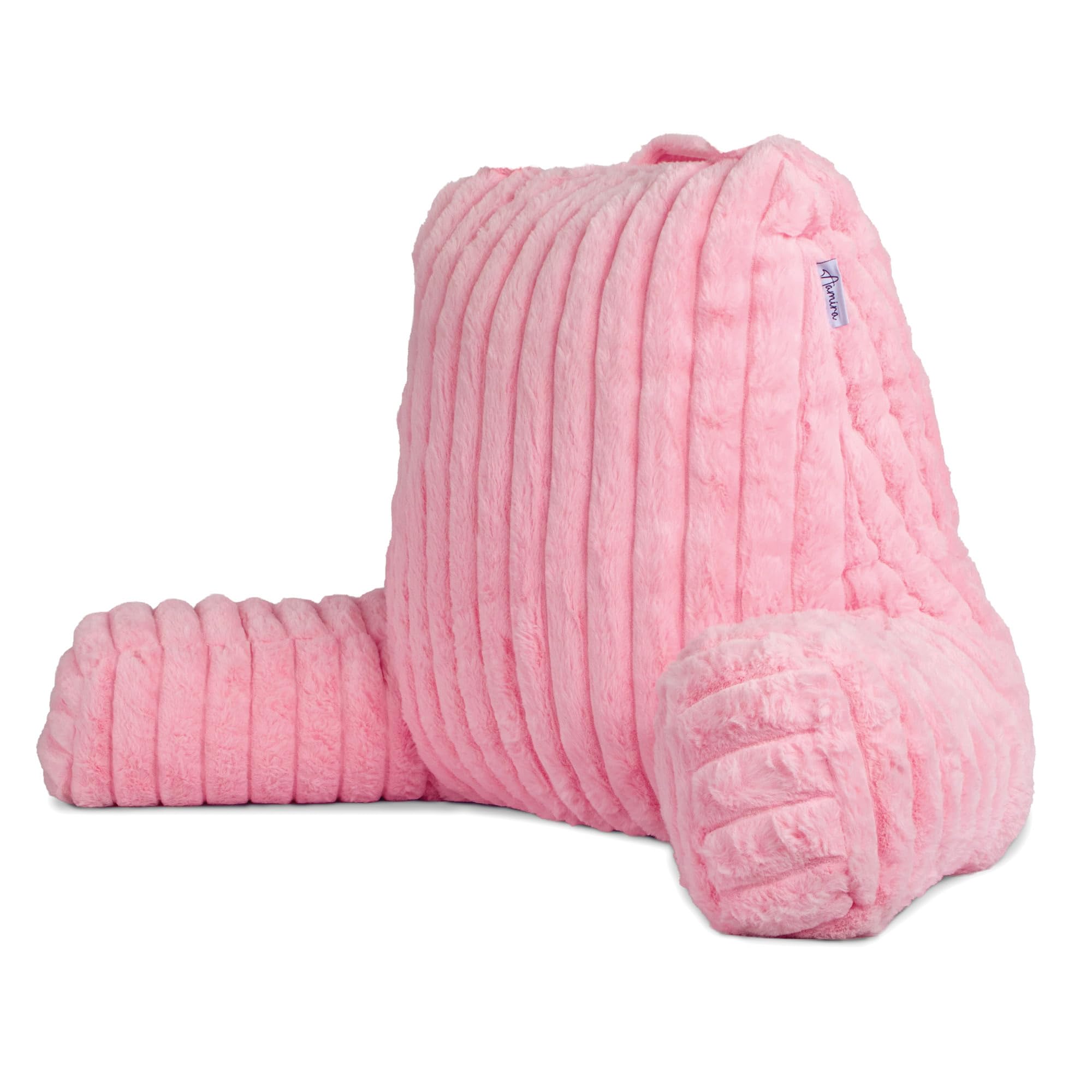 Aamira Pink Faux Fur Ribbed Reading Pillow, Large Shredded Memory Foam Backrest Cuddle Cushion With Arms & Back Pocket, Ideal For Back Support, Bed, Reading Or Gaming Cushion
