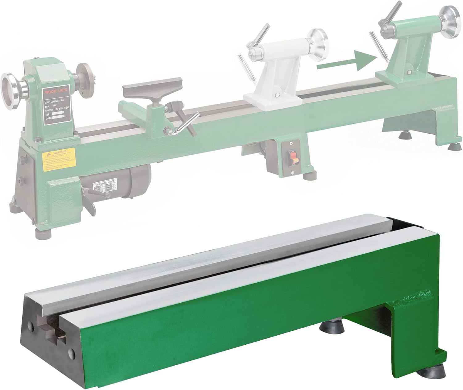 Extension Bed for Woodturning Lathe, Compatible with Harbor Freight Central Machinery 65345 10"X18" Wood Lathe in Green Color.