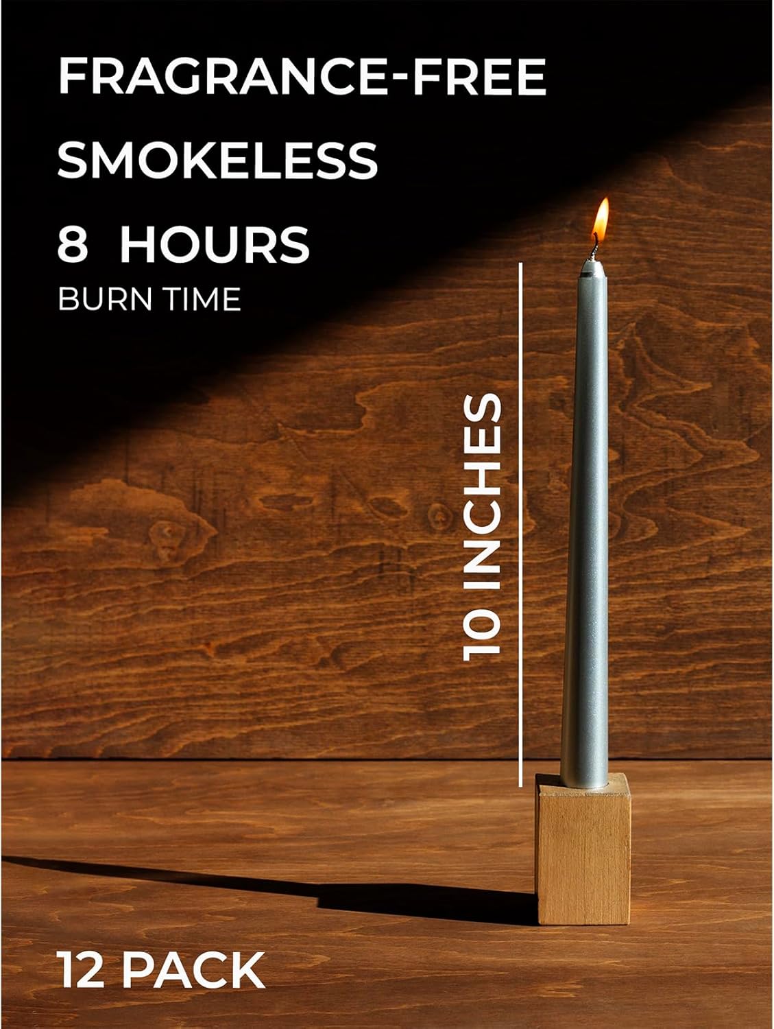 CANDWAX 10 inch Silver Taper Candles Set of 12 - Ideal for Christmas Eve Party - Dripless, Long Burning and Fragrance-Free - Silver