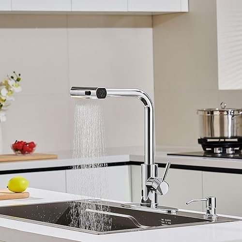 Miniatura 75 de Grifos de cocina de níquel cepillado con rociador desplegable y dispensador de jabón, un solo orificio y mango, grifo extraíble, grifo de fregadero