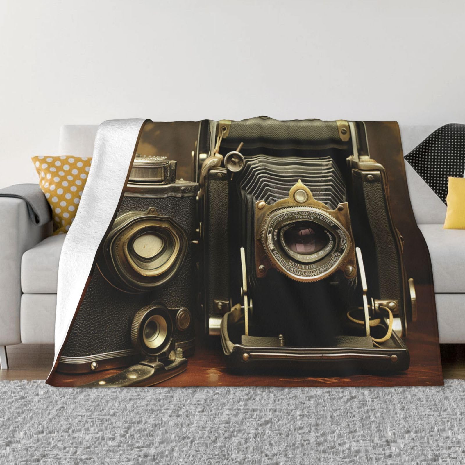 Couverture polaire en flanelle 127x101 cm réversible motif appareil photo