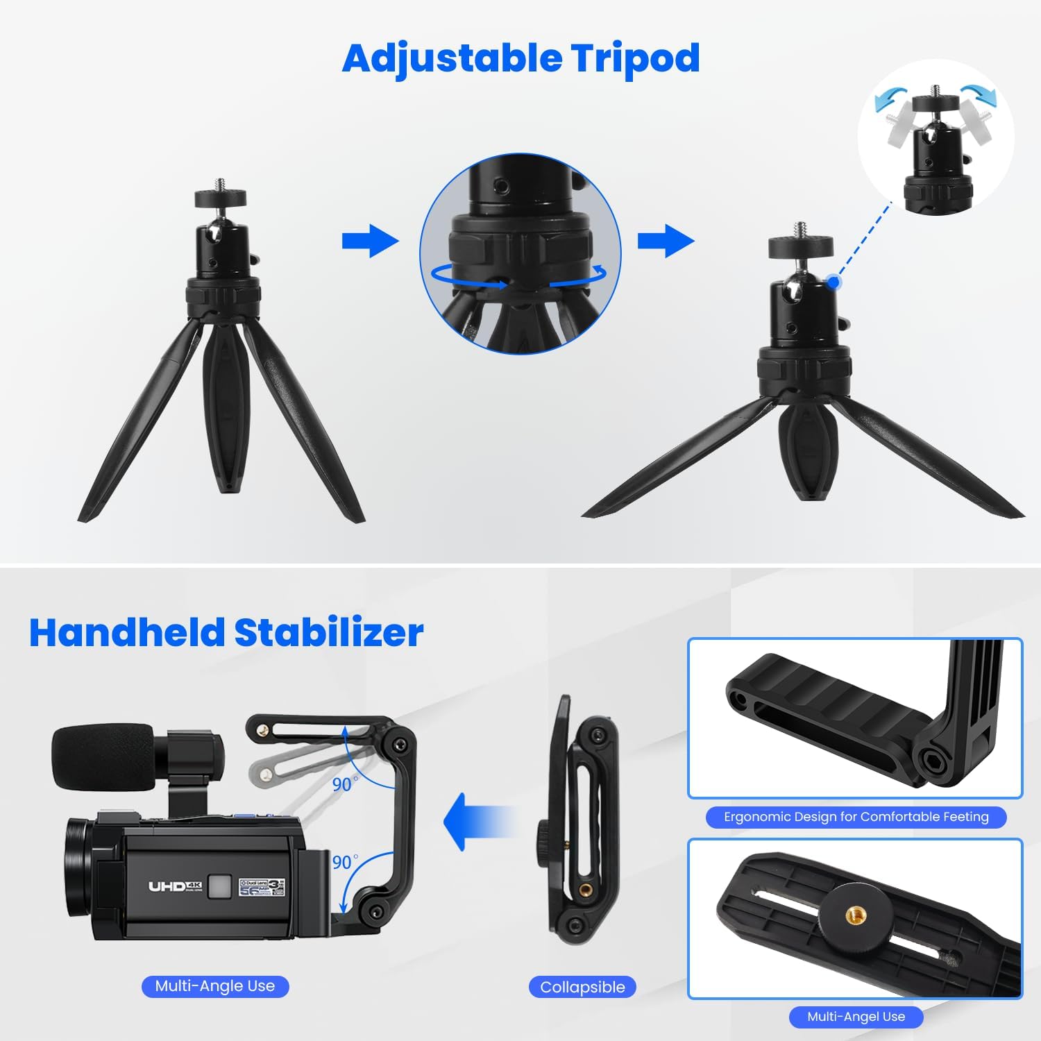 Adjustable tripod attached to the camcorder
