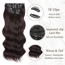Vigorous Clip in Hair Extensions Dark Brown Long Wavy Hairpieces 20Inch Hair Extensions Clip Ins Soft Synthetic Hairpieces for Women (7Pcs)