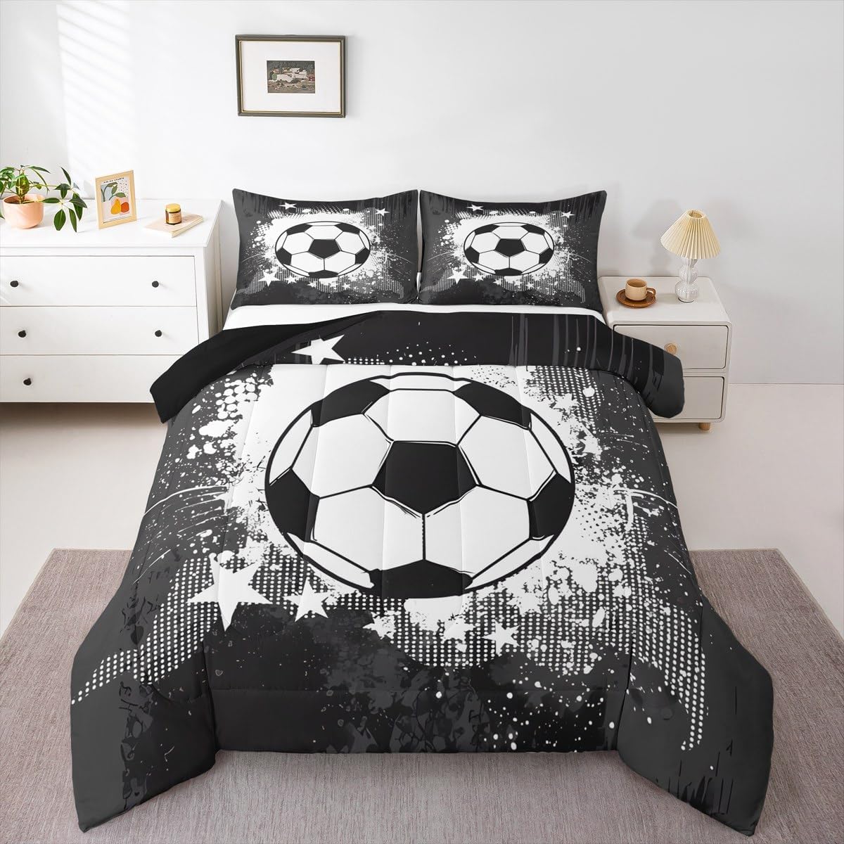 Feelyou Football Kids Comforter Set Queen Size Soccer Bedding Set Sports Games Duvet Quilt for Kids Boys Girls Bedroom Black White Decor Microfiber Ultra Soft Breathable