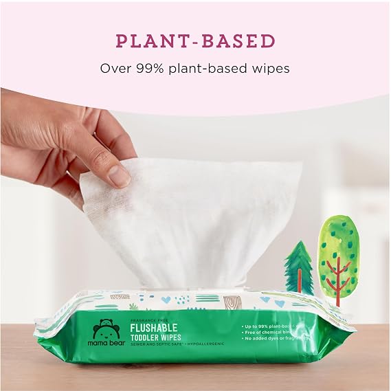 Amazon Brand - Mama Bear Flushable Toddler Toilet Wipes, Unscented, Formulated without Fragrance, Hypoallergenic, Septic Safe, 336 Count, 8 Packs of 43