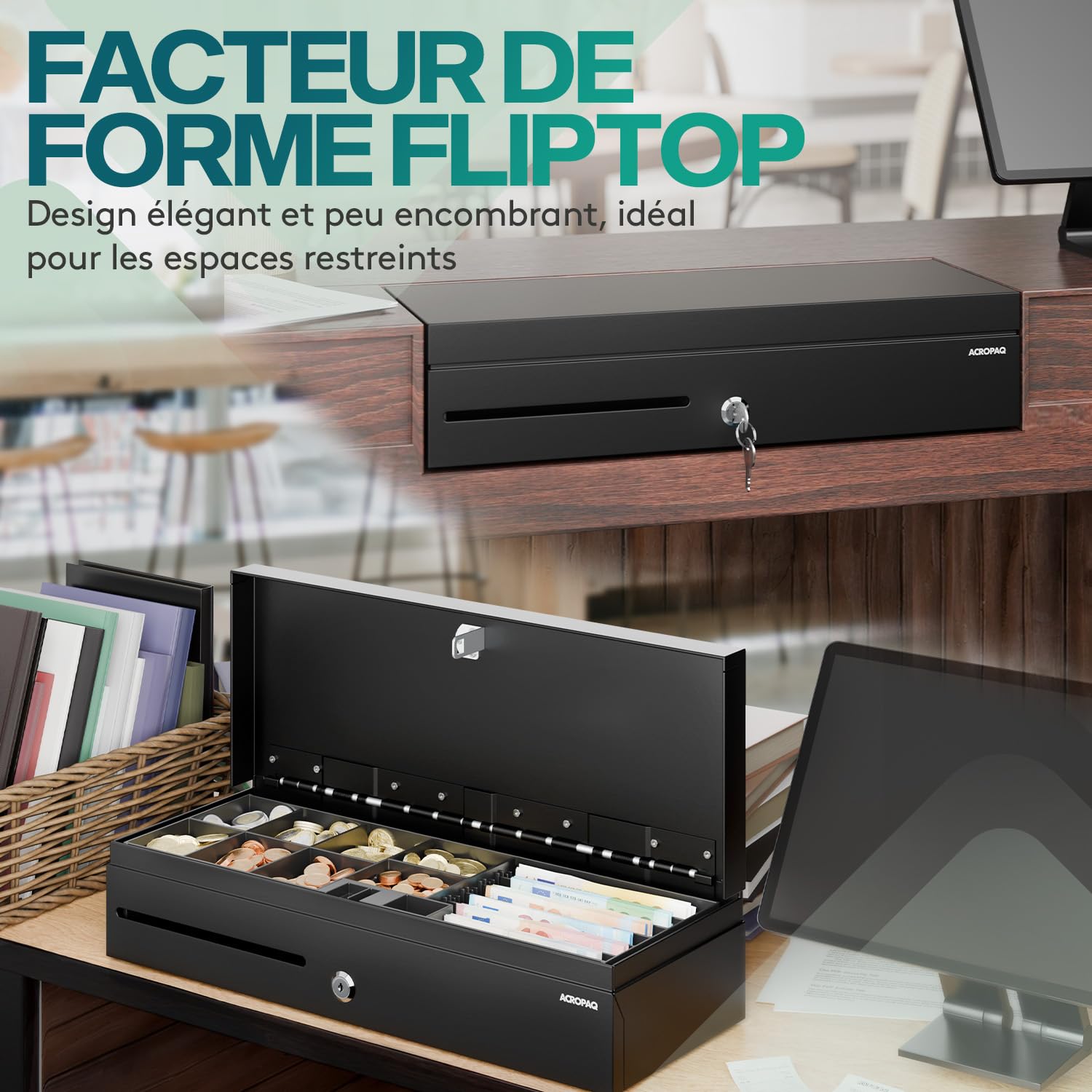 ACROPAQ Tiroir caisse Fliptop - Compatible avec caisse enregistreuse RJ11, 6 compartiments monnaie & 8 billets, Insert amovible, (46 x 18 x 10 cm) Boîtier en métal robuste - Caisse