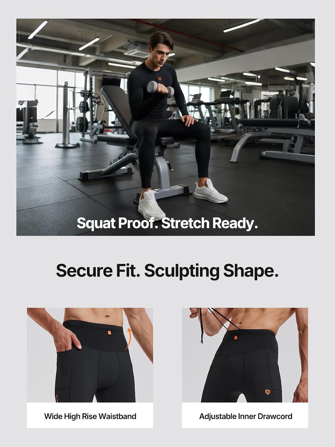 Men's Compression Set 2 Piece Workout Tracksuit, Long Sleeve Base Layer Shirt, Tights with Pockets, Cool Dry Running Gym Gear
