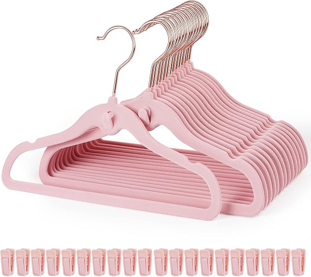 HOUISM Baby Velvet Hangers 30Pack, Children Cascading Hangers Ultra-Slim Space Saving 360° Swivel Hook Notched Shoulder, Non Slip Velvet Clothes Hangers with 20 Finger Clips for Infant, Toddler, Kids