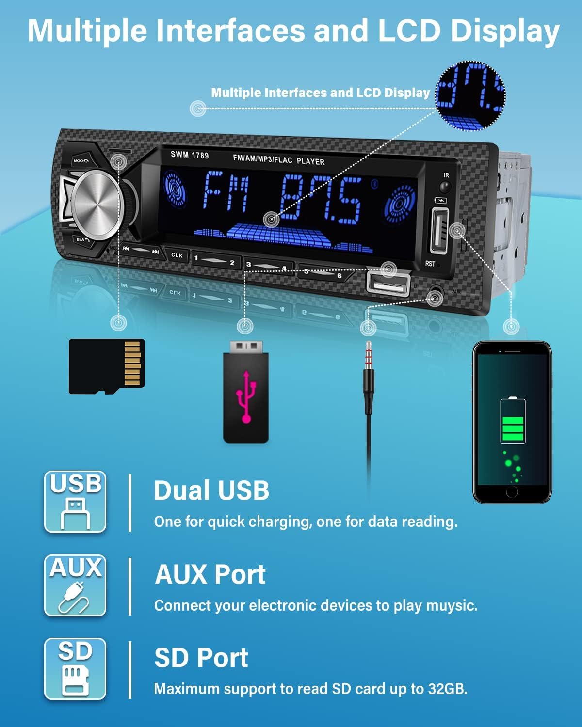 Hikity 1Din Autoradio mit Bluetooth Freisprecheinrichtung, Dualer BT Anschluss, MP3/FM Player mit SD/AUX/2USB und Fernbedienung/7 Farben, 4x60W Verstärker