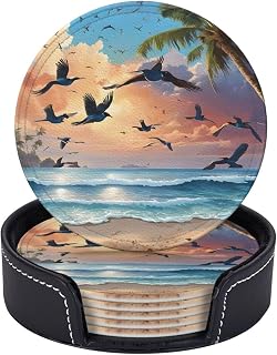 Heat Resistant Round Leather Coasters Set of 6, Palm Tree Sandy Beach, Durable Drink Coasters for Kitchen Office Use, Eco-Friendly Beverage Coasters with Storage Box for Home Decor
