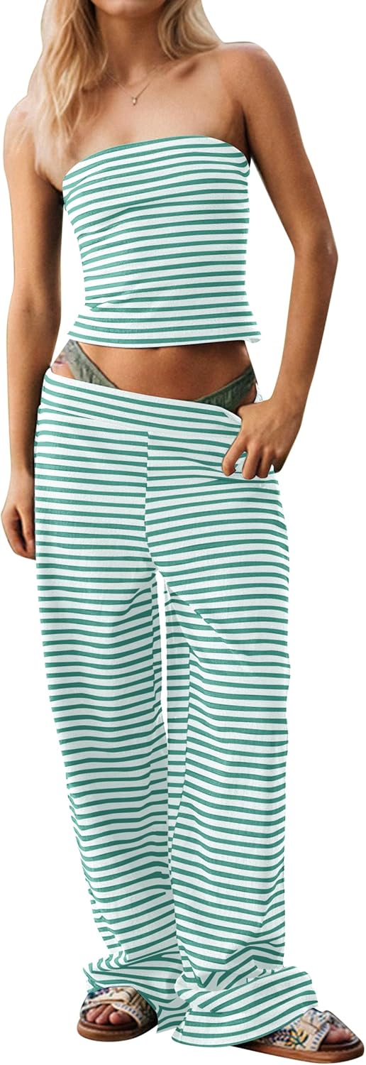 MISSACTIVER Women Two Piece Sets Striped Matching Outfits Strapless Crop Tube Top and Elastic Waist Wide Leg Pants Set